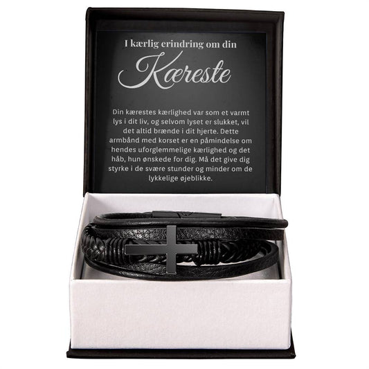 Kærlighedens bånd - Læderarmbånd med kors som erindring. Til mand der har mistet sin kæreste